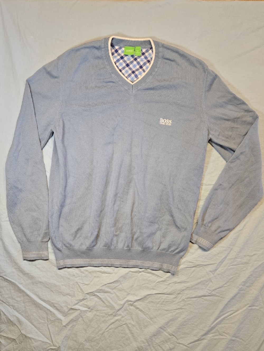 Hugo Boss Light Blue Spellout Cotton Blend Knit V Neck Pullover Sweater